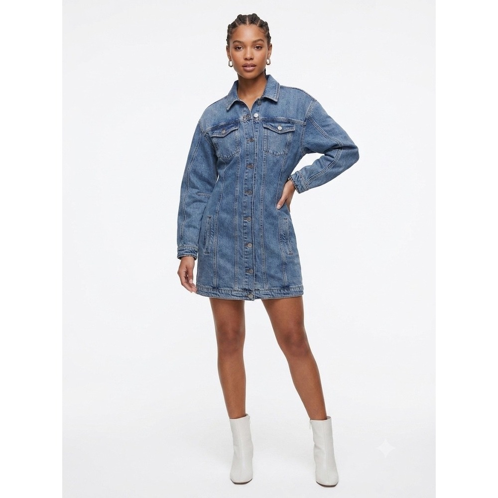 Good American Barrel Long Sleeve Denim Mini Dress Indigo Wash L